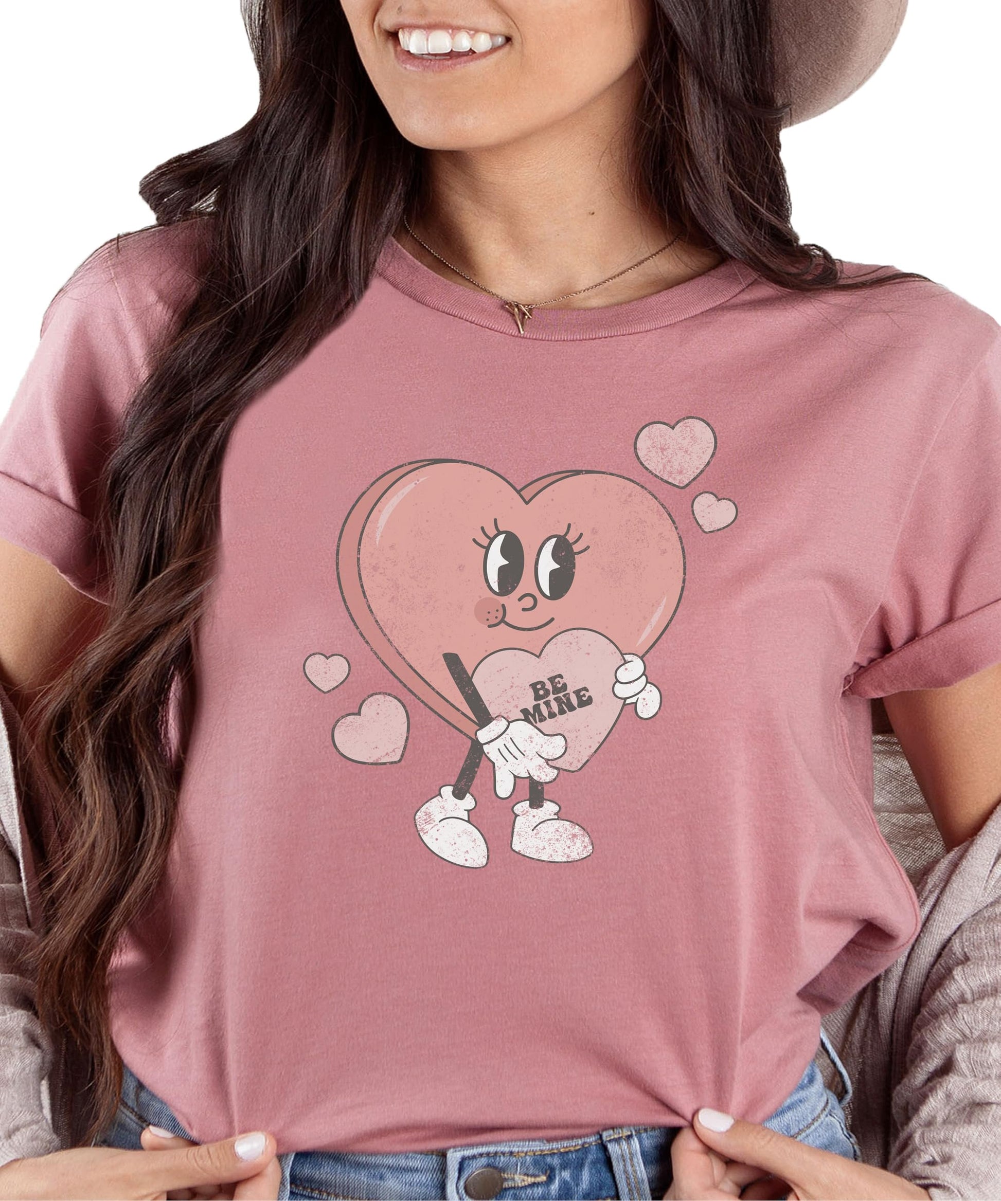 Pink Be Mine Valentine's Day shirt laid flat showing full graphic design