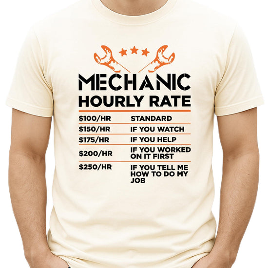 Close-up of Mechanic Hourly Rate funny sarcastic graphic print on black men's t-shirt