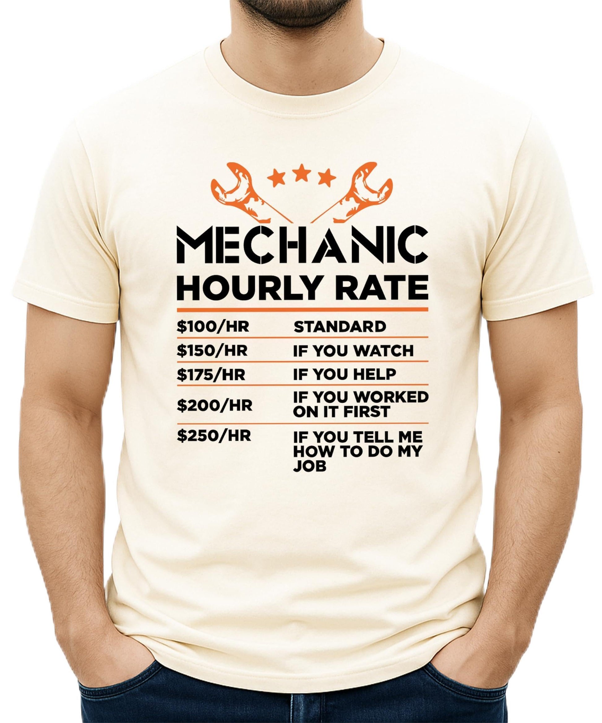 Close-up of Mechanic Hourly Rate funny sarcastic graphic print on black men's t-shirt