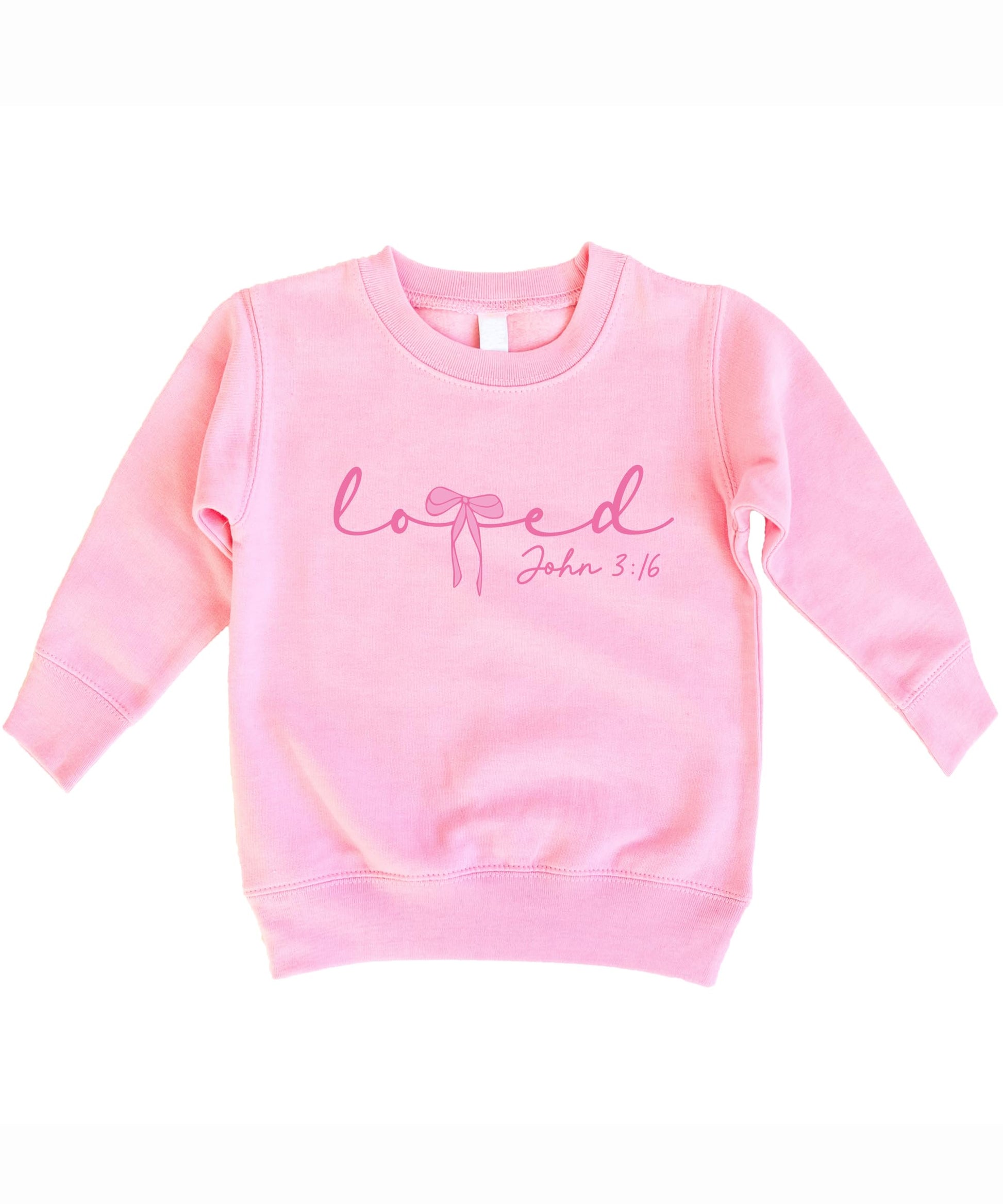 Close-up of John 3:16 pink bow graphic print on cozy white Valentine's sweatshirt