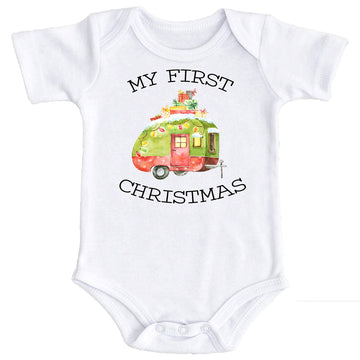 Baby bodysuit with My 1st Christmas camper graphic design, festive holiday outfit for boys and girls