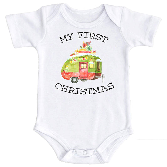Baby bodysuit with My 1st Christmas camper graphic design, festive holiday outfit for boys and girls