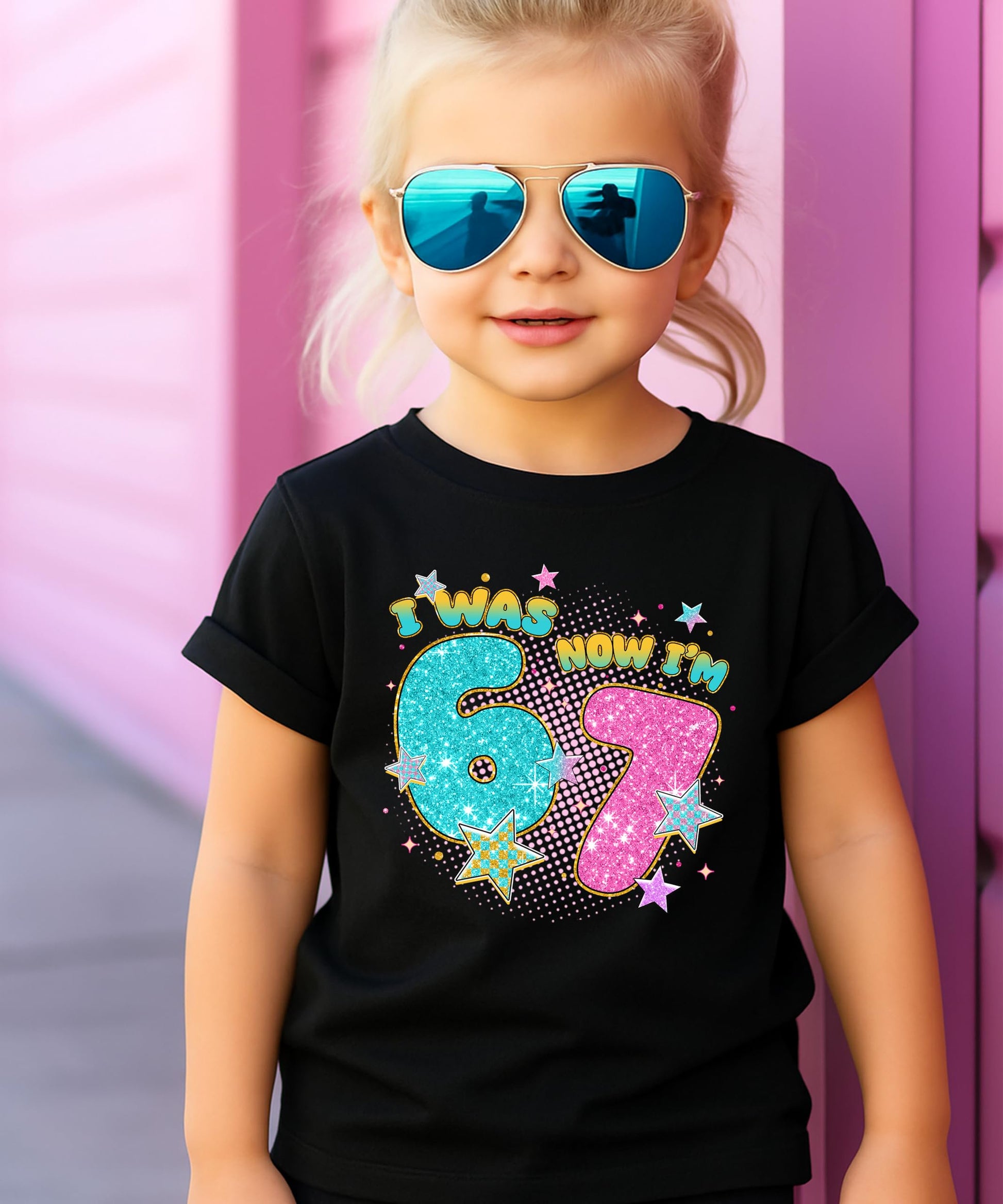 Girl wearing pink '7th birthday' glitter graphic tee, full body view