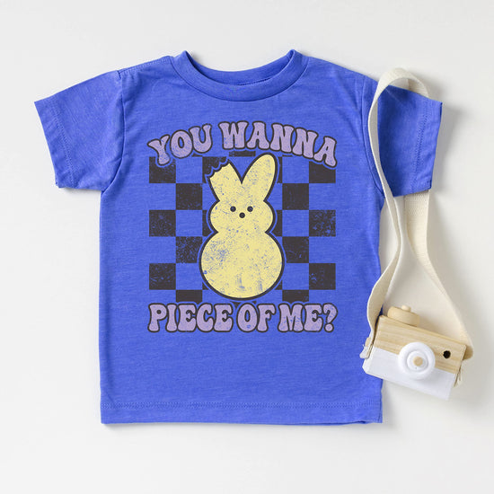 Youth girl modeling peach You Wanna Piece of Me Easter shirt with carrot design