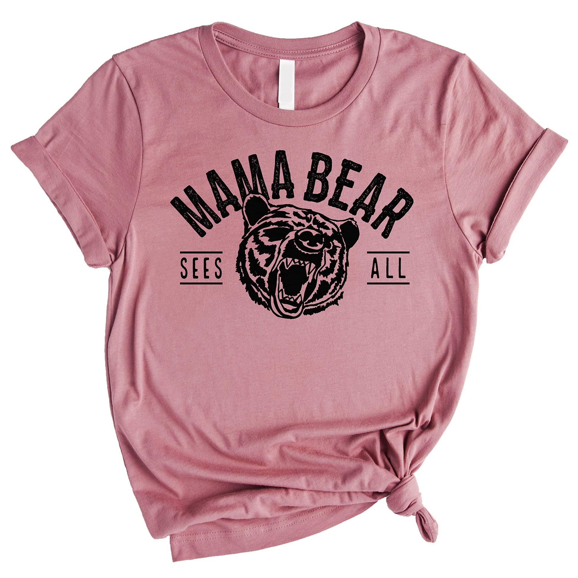 Mama Bear Sees All graphic tee in black print on peach shirt, front view