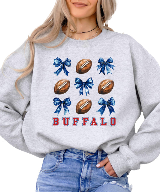 Bold Red Buffalo Football Sweatshirt for Women Teens and Girls Footballs and Blue Bows Sweater