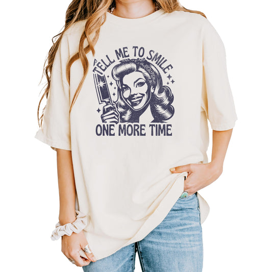 Front view of vintage-style feminist graphic t-shirt in ivory with bold retro print