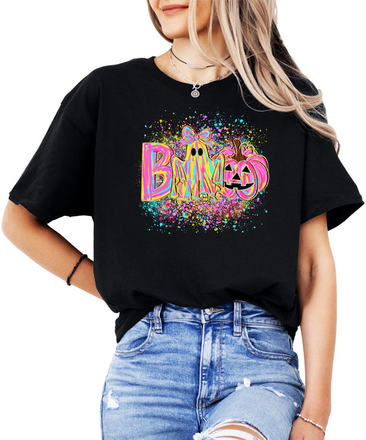 Neon Boo Halloween Shirt With Girly Ghost and Bow for Women, Teens & Kids Cute Spooky Season Tee