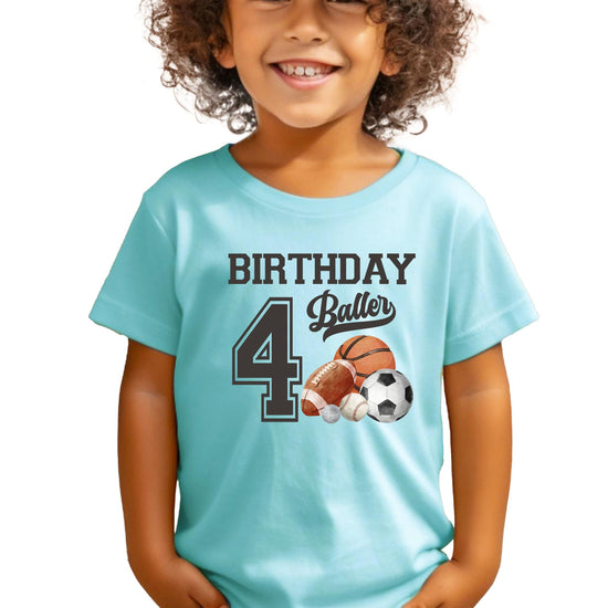Close-up of birthday baller graphic print on kids heather gray tee for 4 year old boys