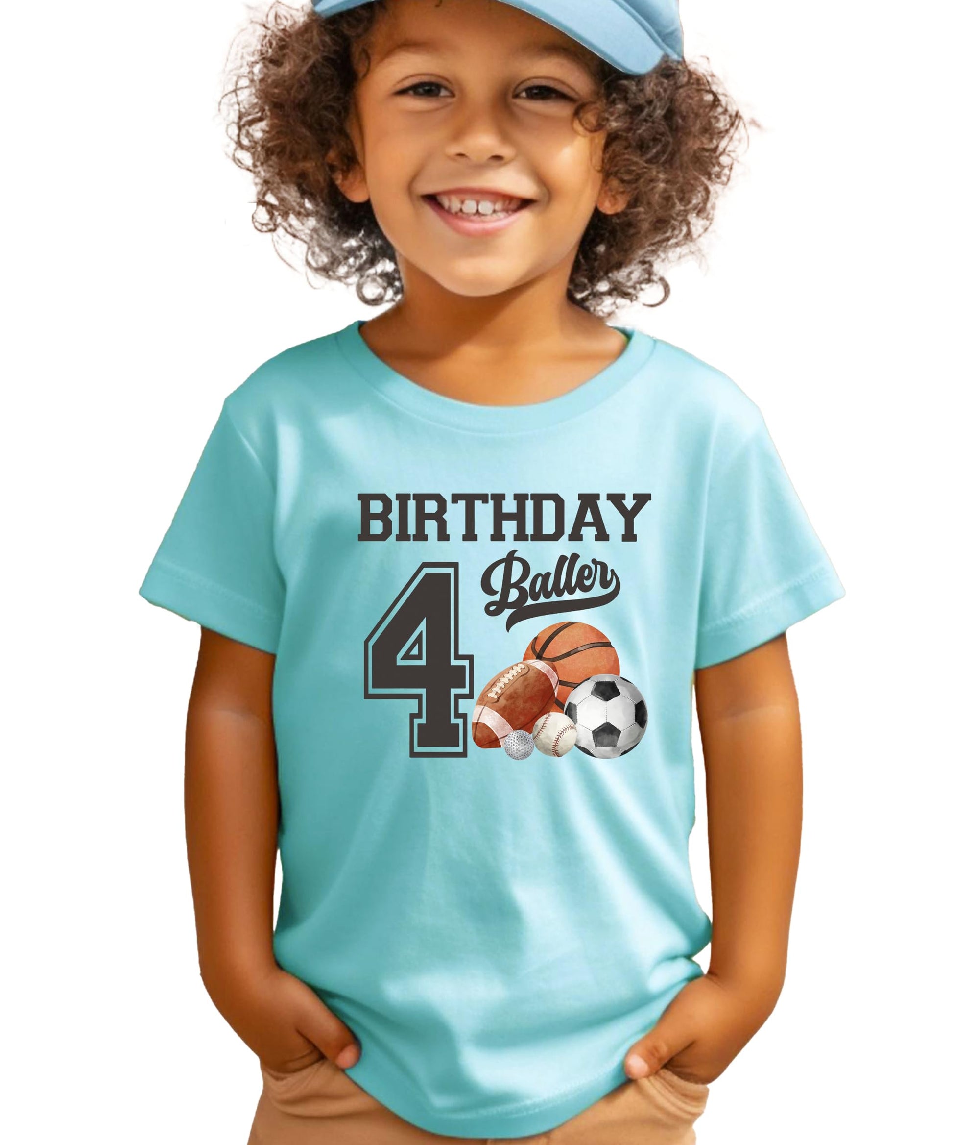 Close-up of birthday baller graphic print on kids heather gray tee for 4 year old boys