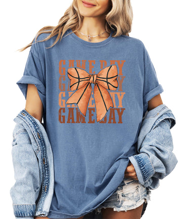White basketball t-shirt with girly coquette bow design for women