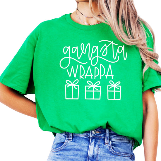 Women modeling Gangsta Wrappa vintage-style red holiday party tee