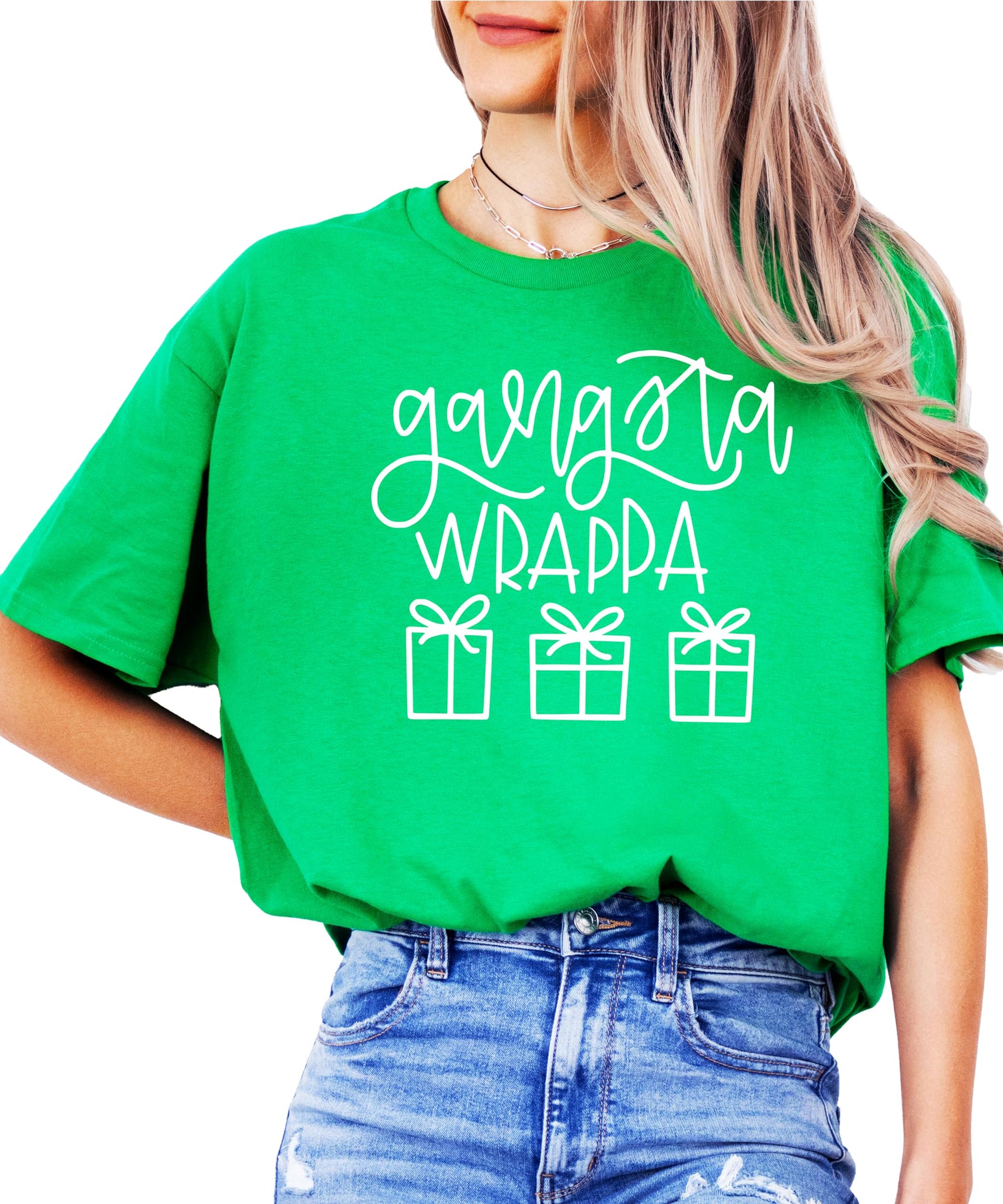 Women modeling Gangsta Wrappa vintage-style red holiday party tee