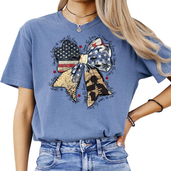 Women's Honor The Brave patriotic military bow graphic tee in blue jean color, front view