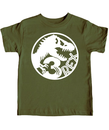 Flat lay of Three T-Rex fossil 3rd birthday shirt showing full design detail