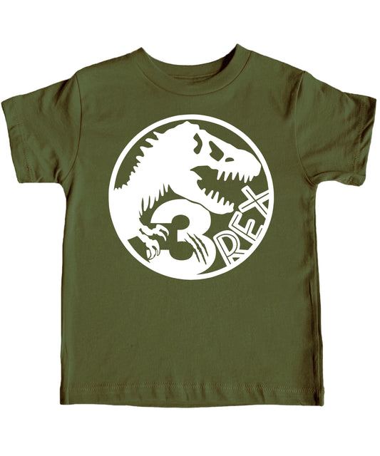 Flat lay of Three T-Rex fossil 3rd birthday shirt showing full design detail