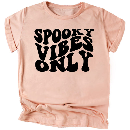Spooky Vibes Only retro groovy Halloween tee for toddlers in vintage burgundy with orange graphic print