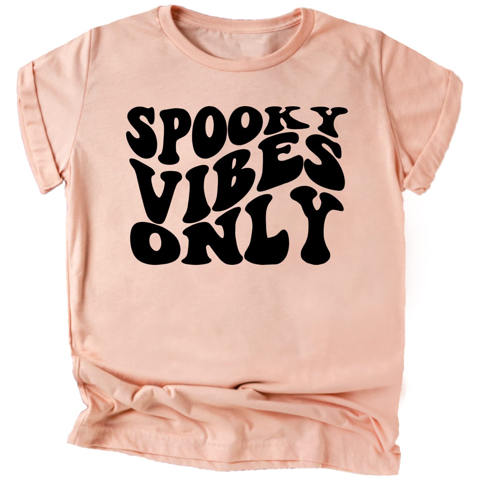 Spooky Vibes Only retro groovy Halloween tee for toddlers in vintage burgundy with orange graphic print