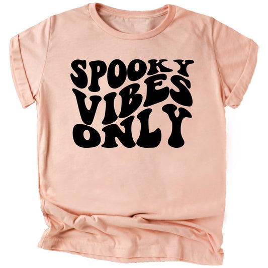 Spooky Vibes Only retro groovy Halloween tee for toddlers in vintage burgundy with orange graphic print