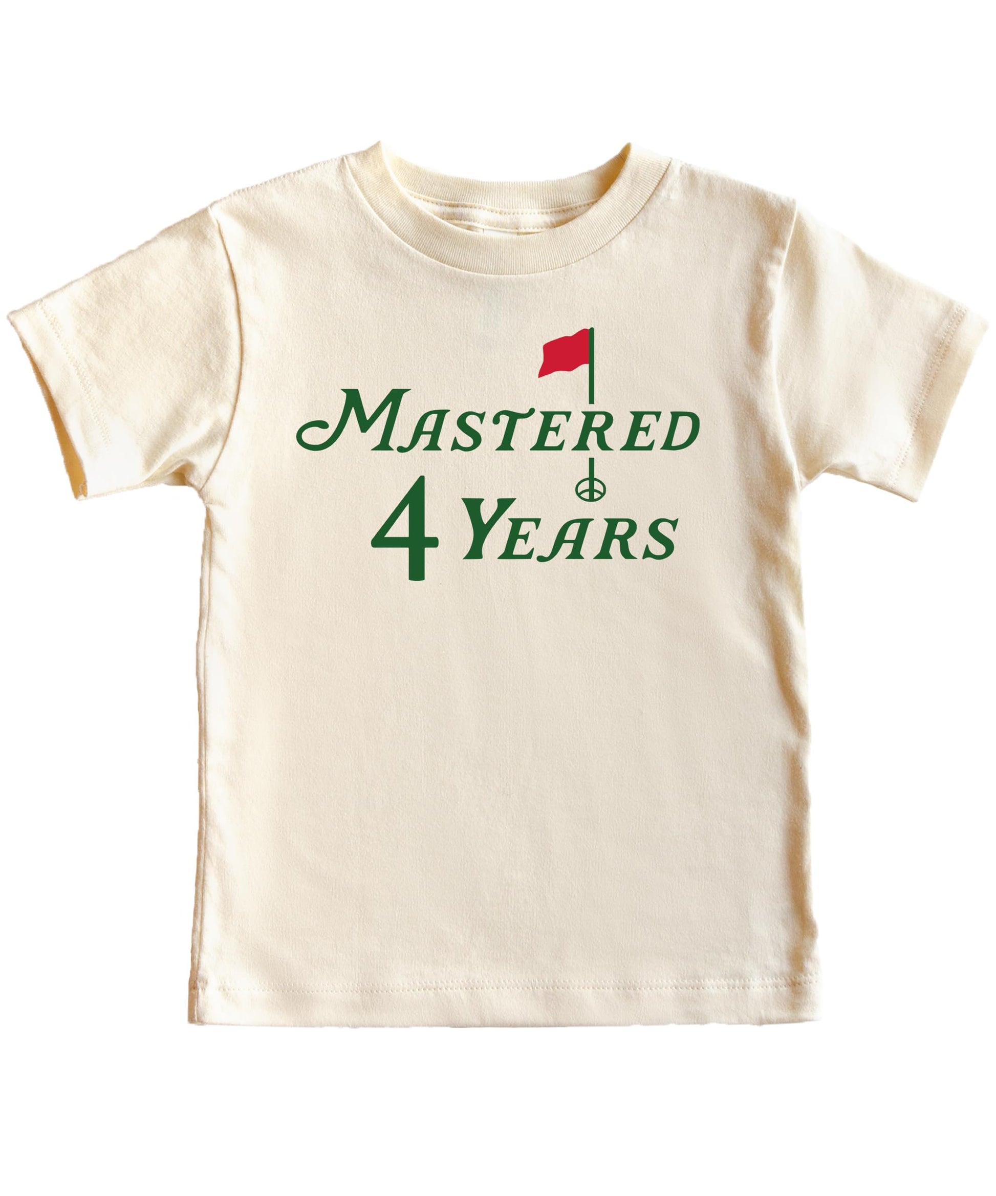 Kids natural color tee with Mastered 4 Years golf-themed fourth birthday graphic print