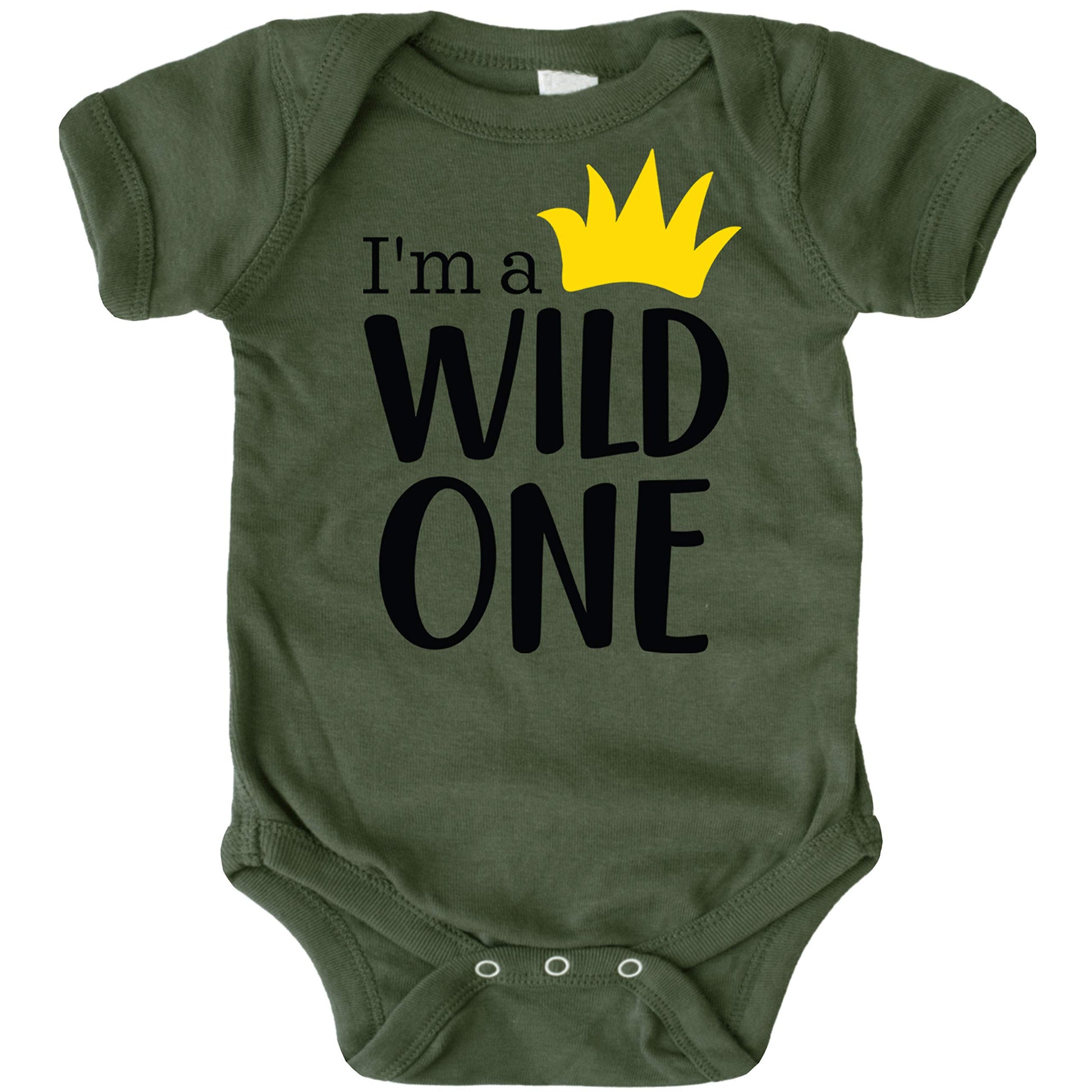 Baby boy in Wild One birthday bodysuit smiling at first birthday party