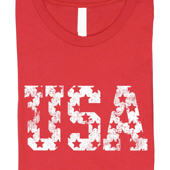 Vintage red USA patriotic t-shirt with distressed white stars design on front
