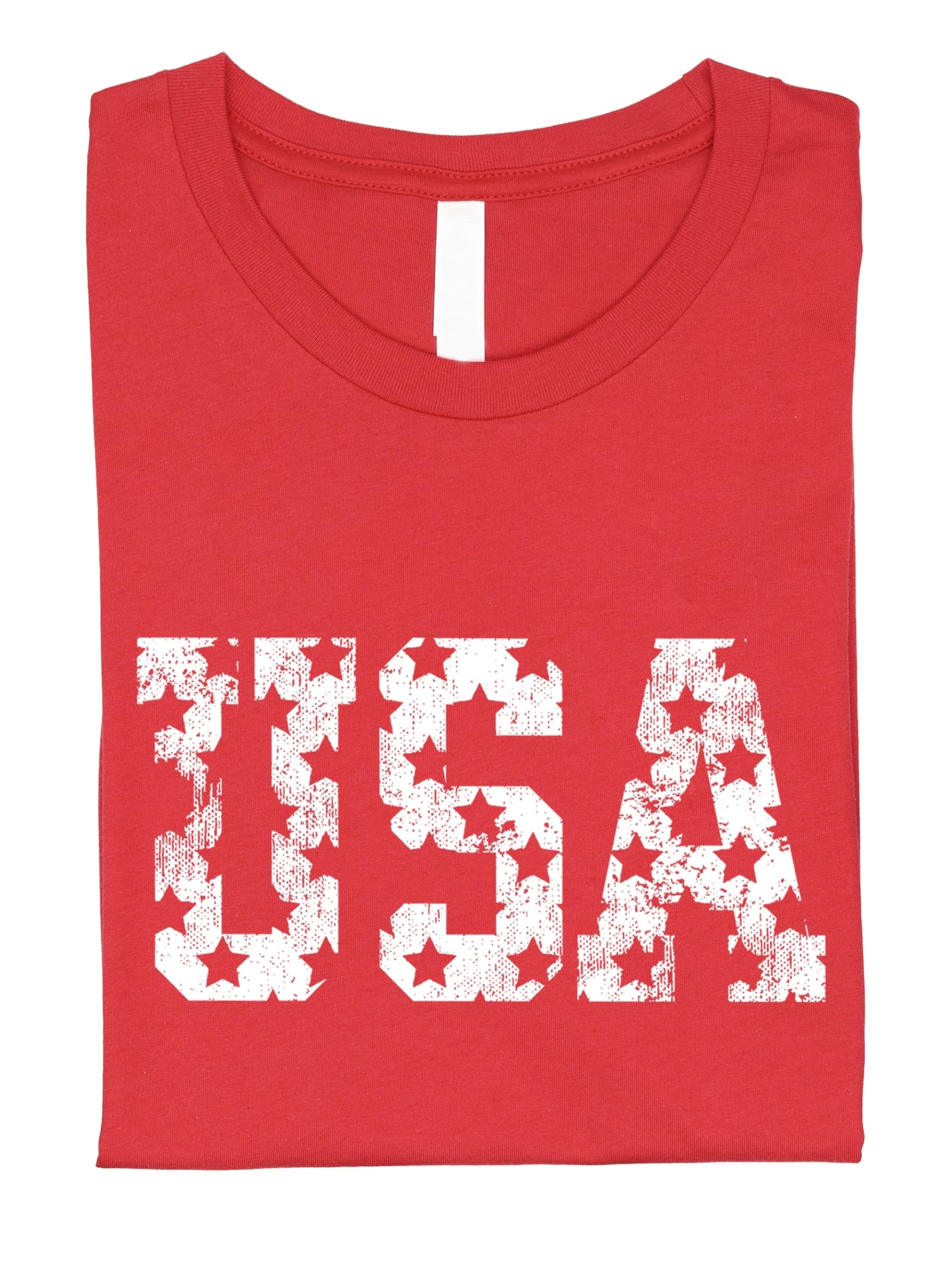 Vintage red USA patriotic t-shirt with distressed white stars design on front