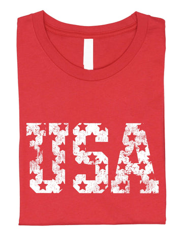Vintage red USA patriotic t-shirt with distressed white stars design on front
