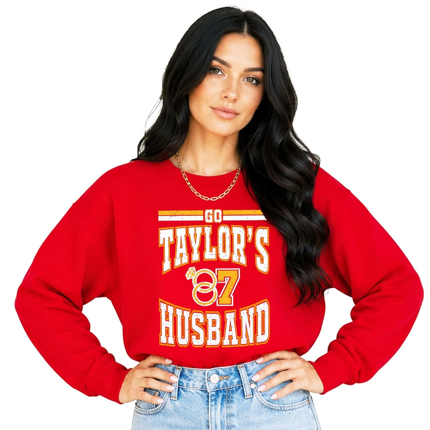 Close-up of Go Taylor's Husband sweatshirt graphic showing wedding ring detail and team color typography