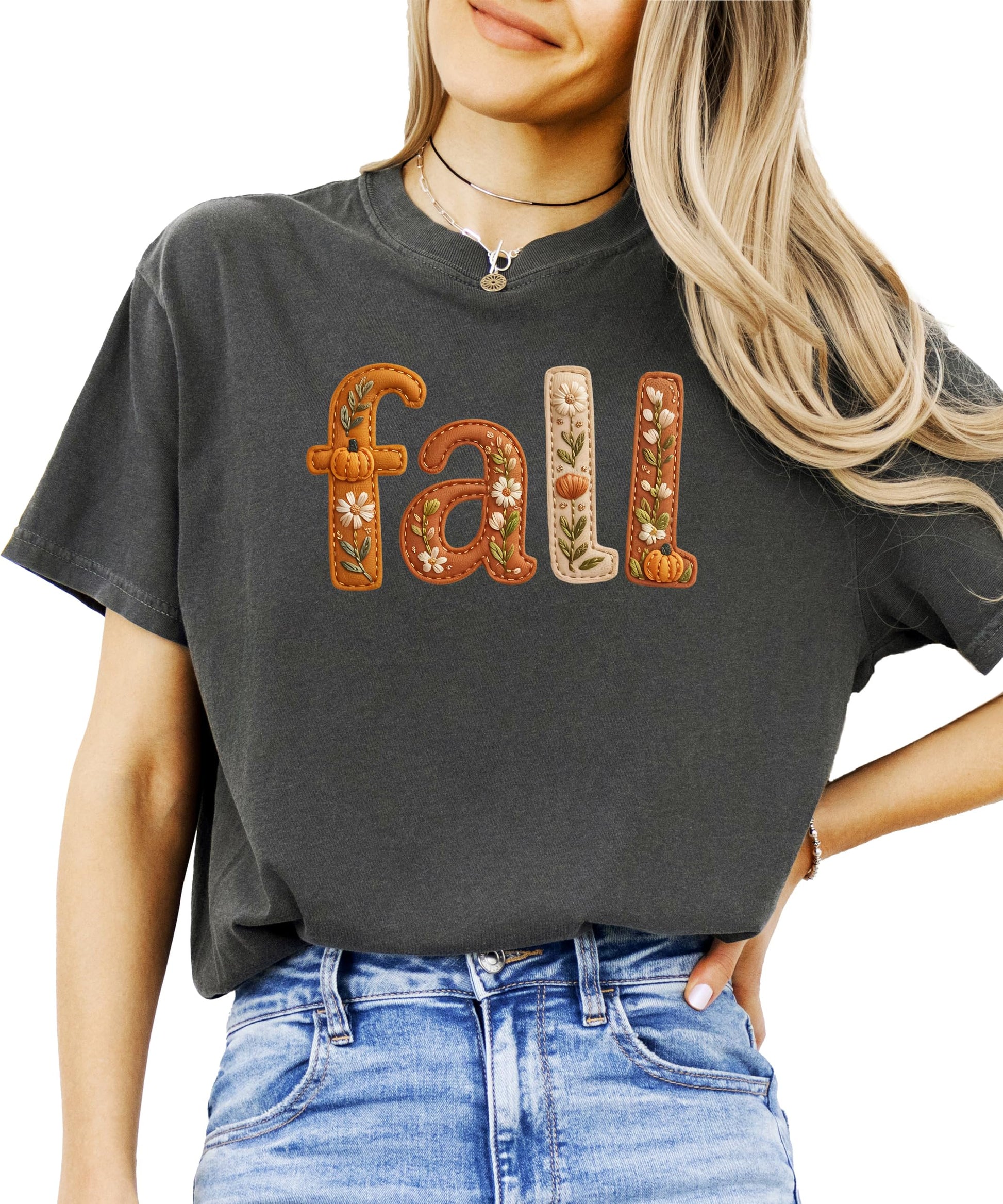 Close-up detail of faux embroidery fall floral graphic design