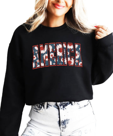 Olive Loves Apple America Sweatshirt for Women, Teens & Girls Trendy Floral Patriotic Sweater