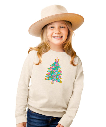 Olive Loves Apple Ink Printed Image NOT a Yarn Patch - Cute Faux Yarn Christmas Tree With Bow Sweatshirt Festive Pullover