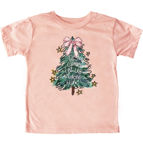 Pink girly Christmas tree graphic tee with pink bow topper and Oh Come Let Us Adore Him text