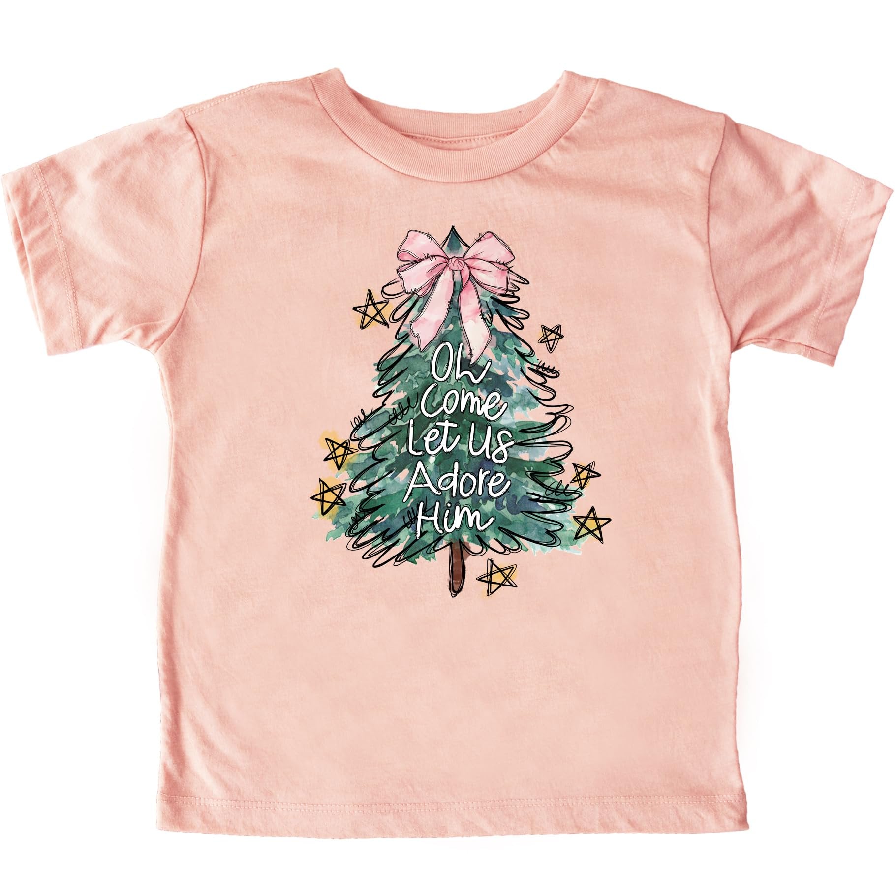Pink girly Christmas tree graphic tee with pink bow topper and Oh Come Let Us Adore Him text