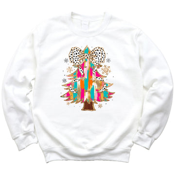 Colorful Christmas Tree with Dalmatian Print Bow Topper Sweatshirt for Women Teens and Girls