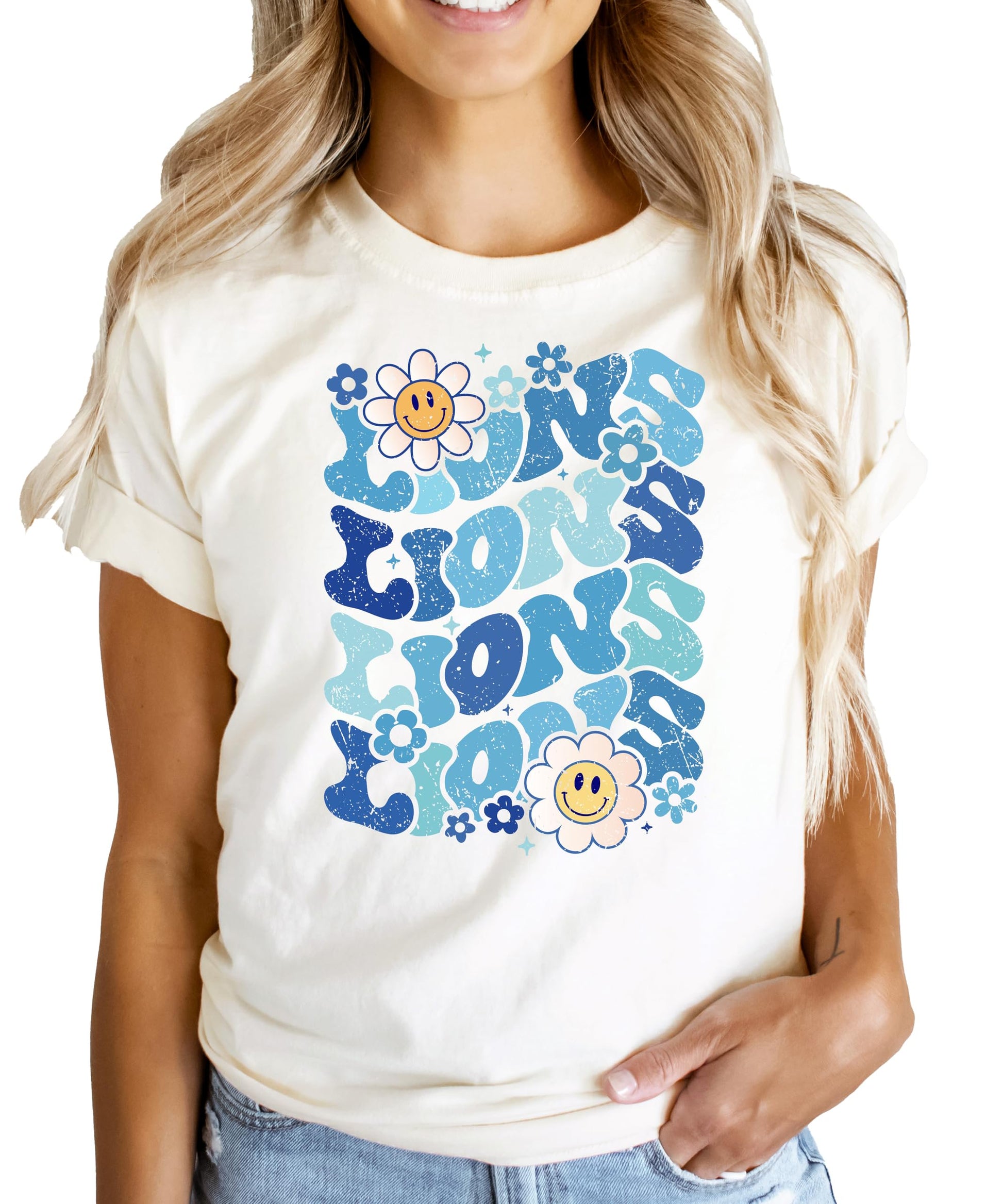 Close-up of blue Lions mascot graphic print on natural colored shirt