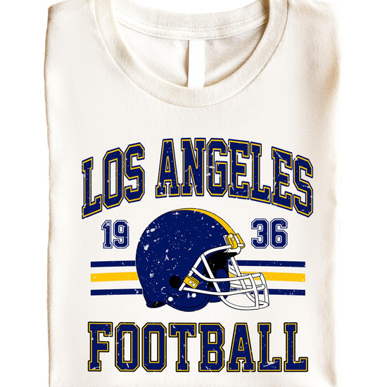 Full front view of vintage football game day tee featuring Los Angeles Football 1936 design in team blue and gold colors