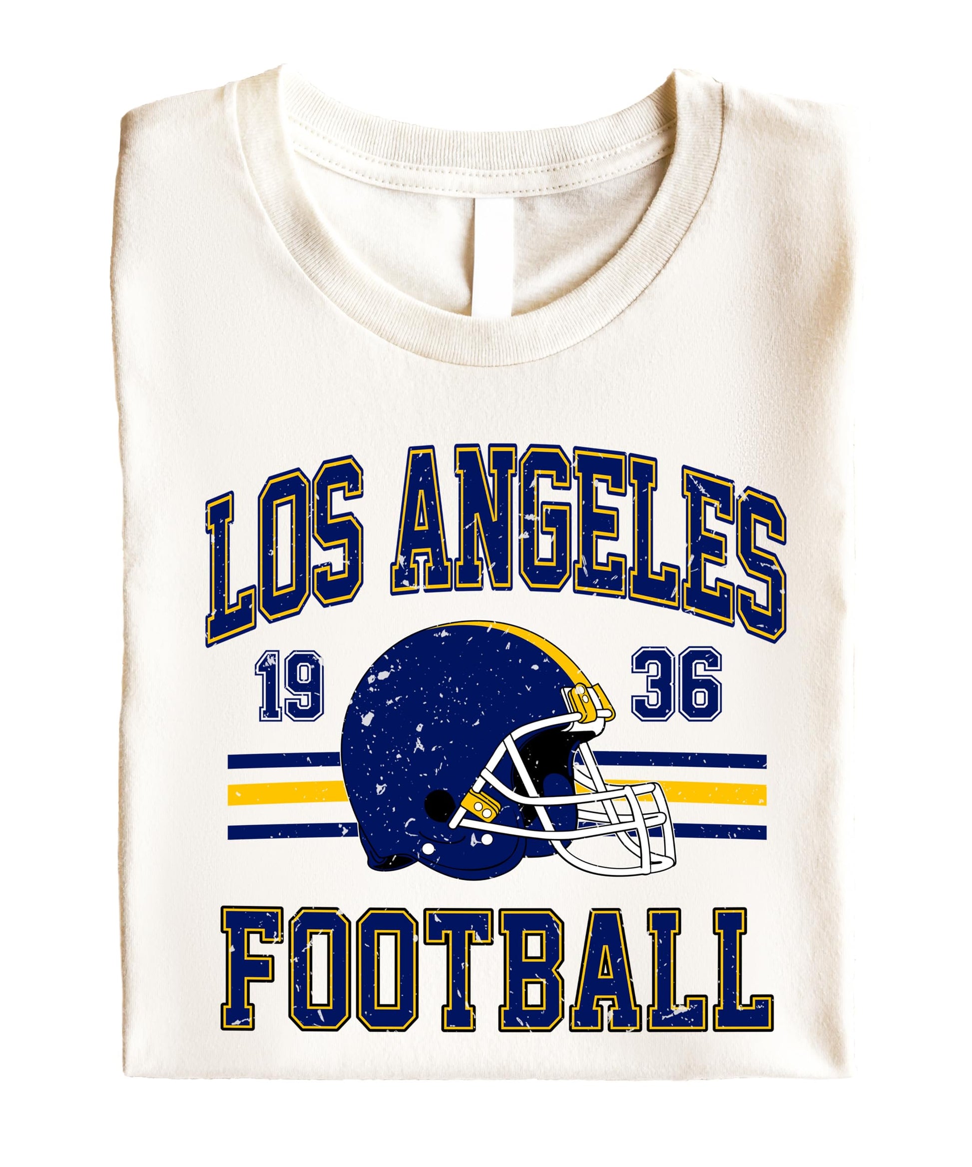 Full front view of vintage football game day tee featuring Los Angeles Football 1936 design in team blue and gold colors