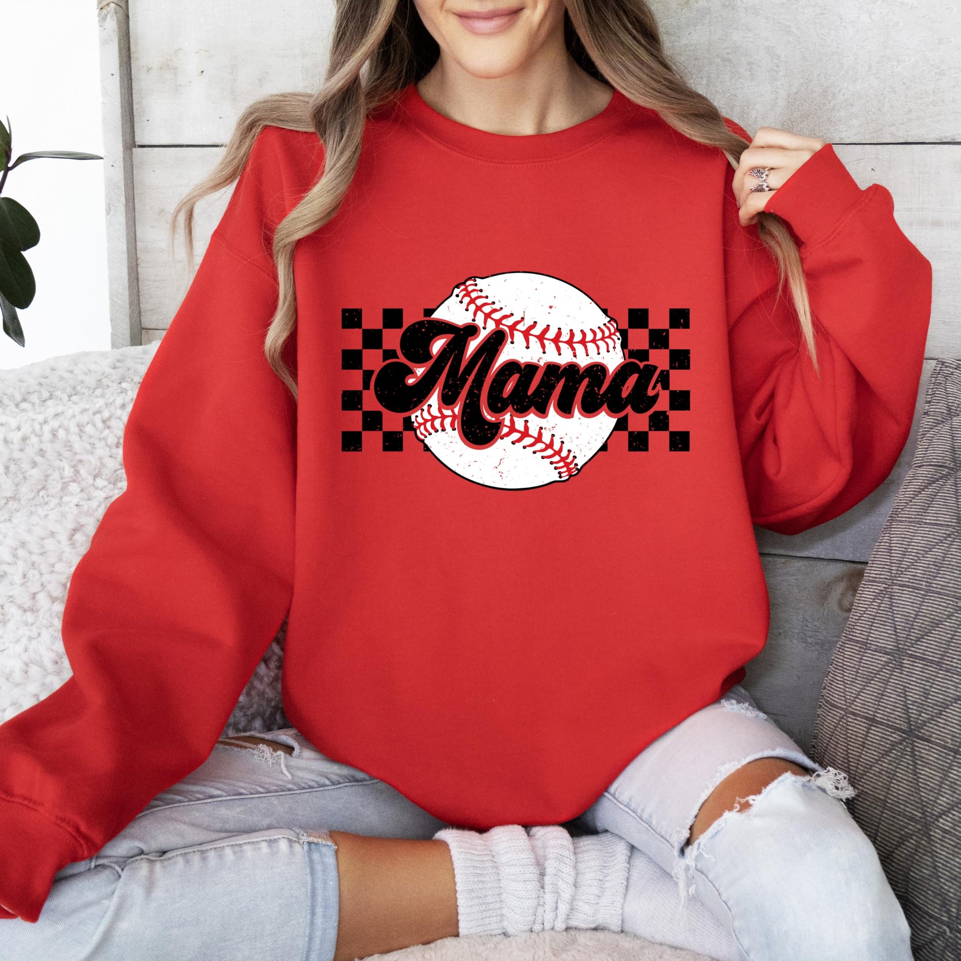 Close-up of checkered Baseball Mama print detail on gray women's sweatshirt