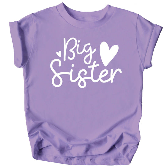 Close-up of Big Sister Hearts cursive print on soft pink toddler girl t-shirt