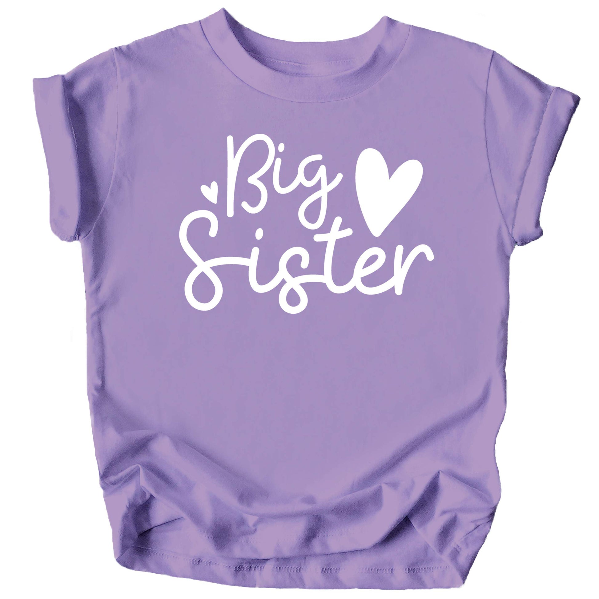 Close-up of Big Sister Hearts cursive print on soft pink toddler girl t-shirt