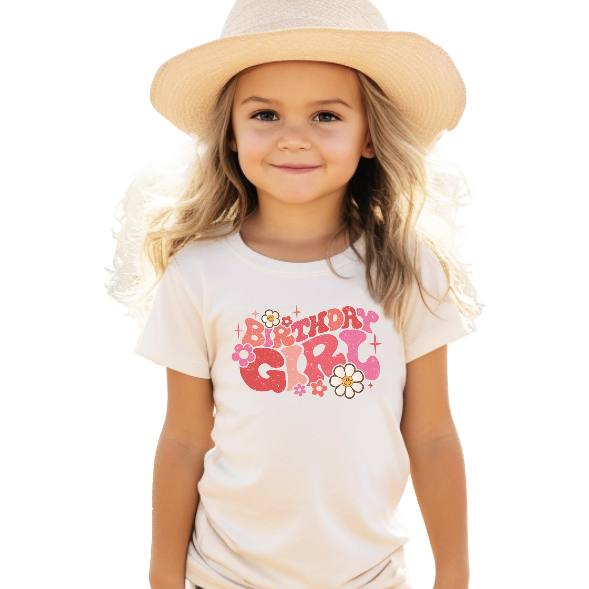 Birthday girl groovy daisies shirt laid flat showing full graphic design detail