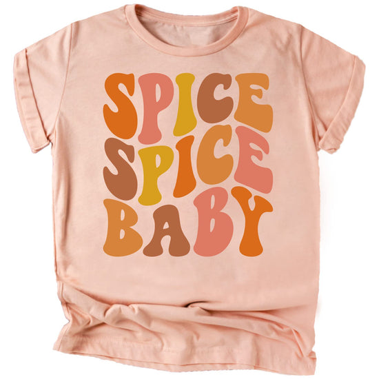 Close-up of Spice Spice Baby fall graphic print on burgundy infant bodysuit