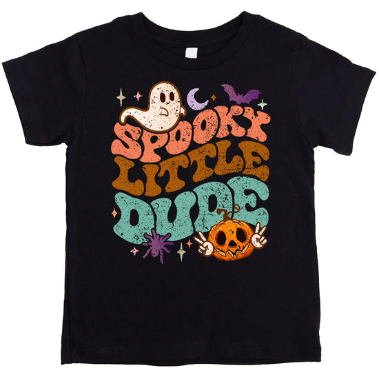 Close-up of Spooky Little Dude Halloween design printed on natural youth tee