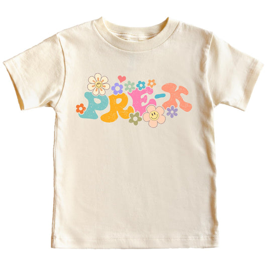 Military green Pre-K groovy daisy first day of school t-shirt with colorful flower design