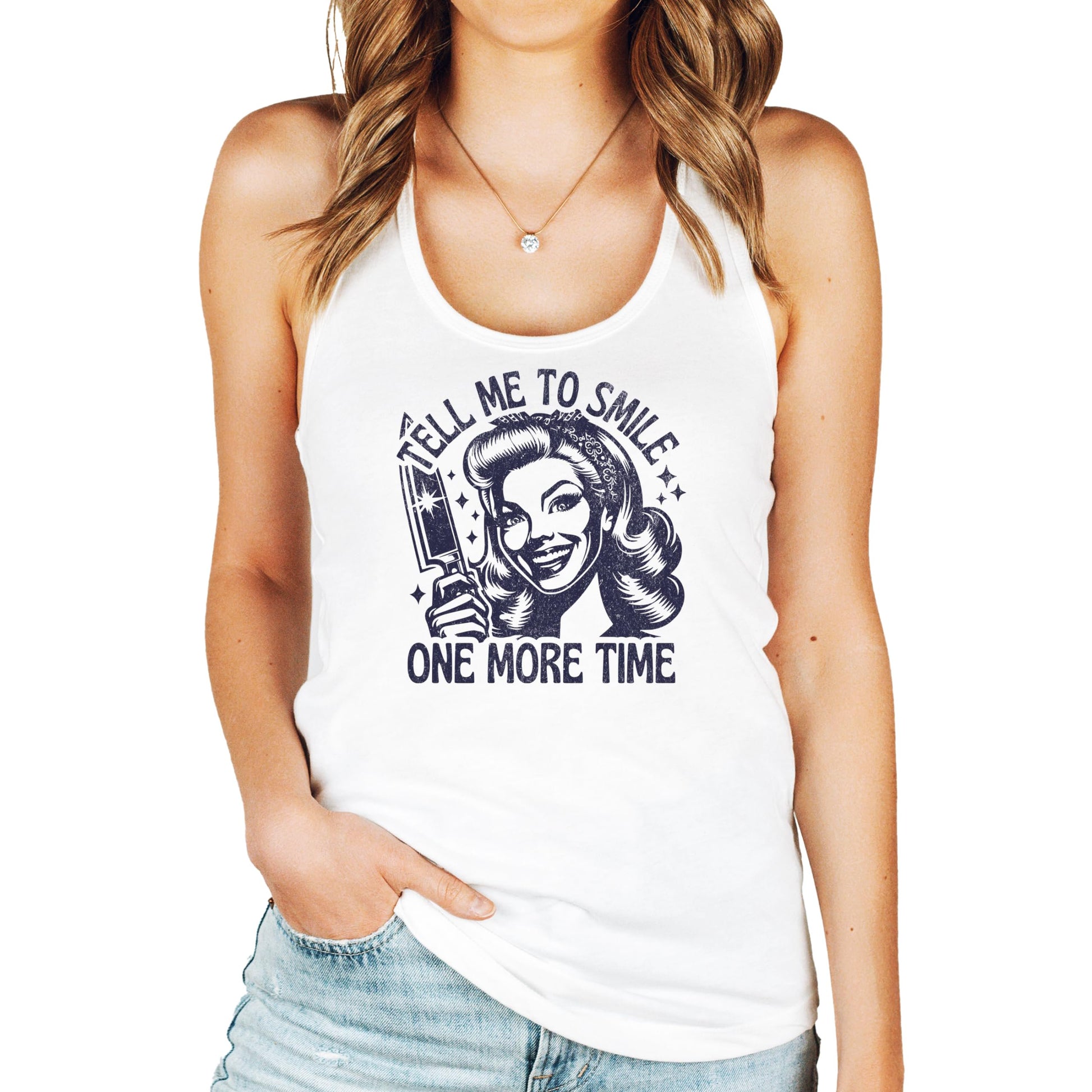 Detail shot of Tell Me to Smile vintage-inspired text design on tank top