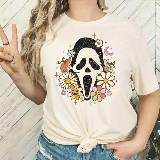 Olive Loves Apple groovy Scream face mask Halloween shirt styled for spooky season