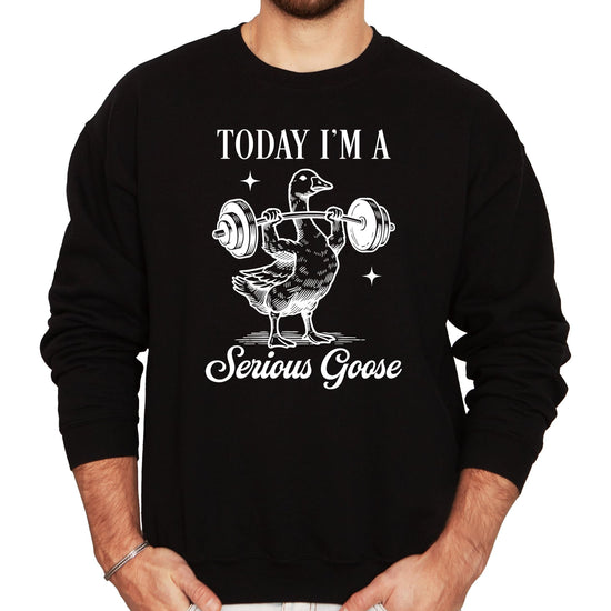 Black sweatshirt with serious goose weightlifting graphic design on front