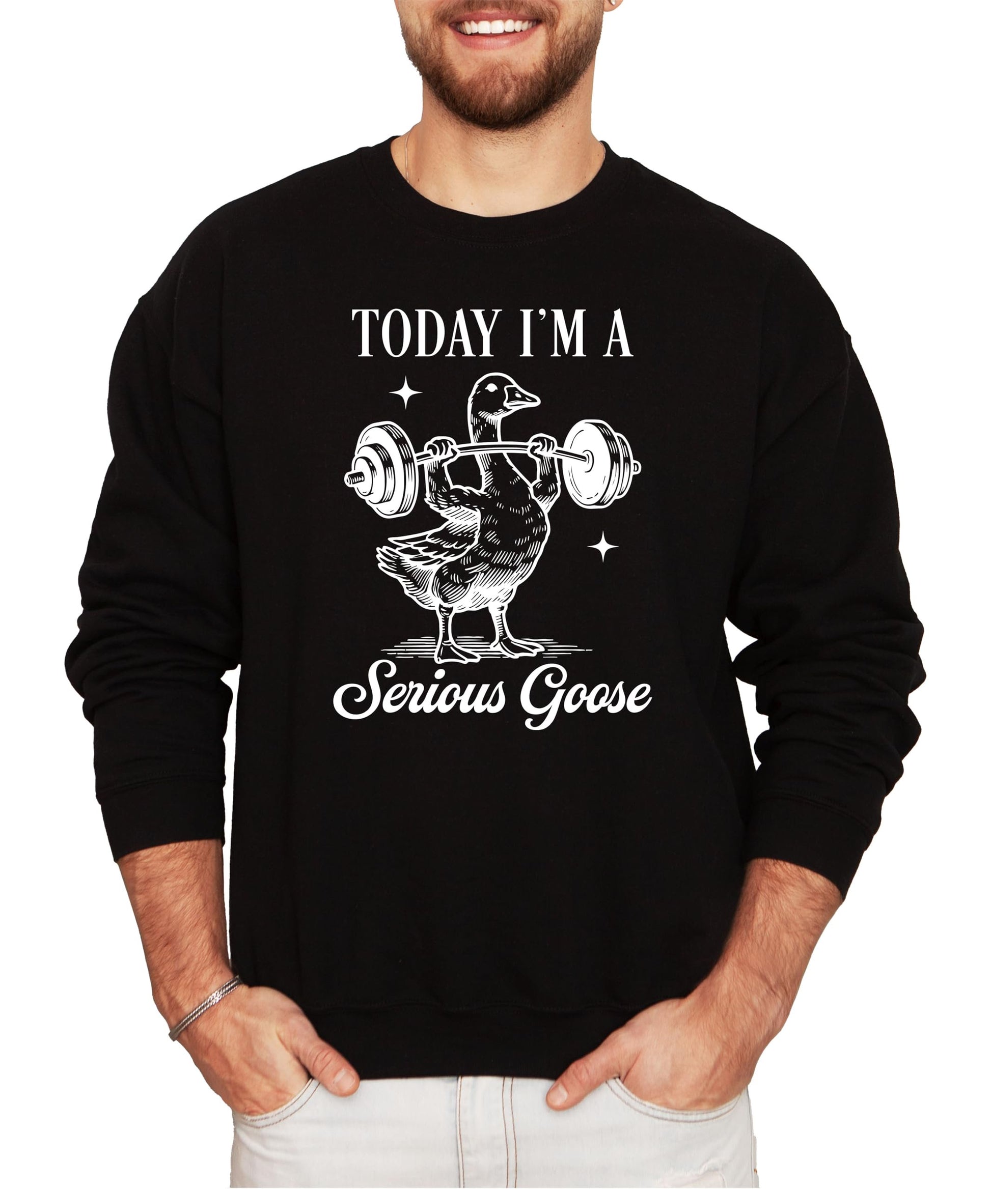 Black sweatshirt with serious goose weightlifting graphic design on front