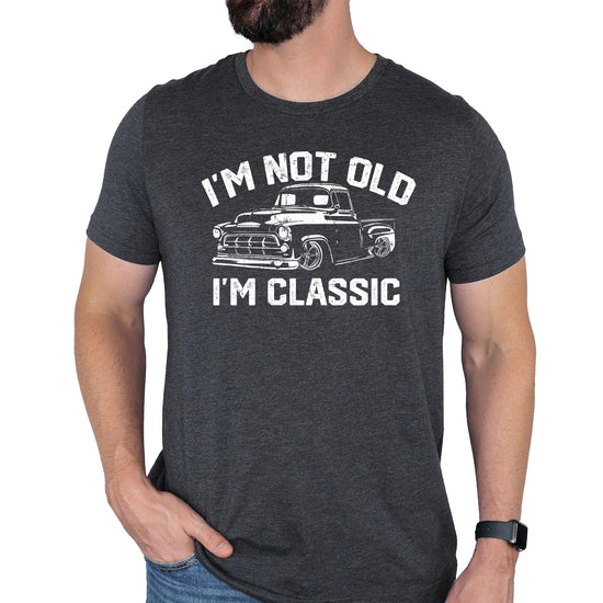 Black graphic tee with 'I'm Not Old I'm Classic' text and vintage truck illustration for men